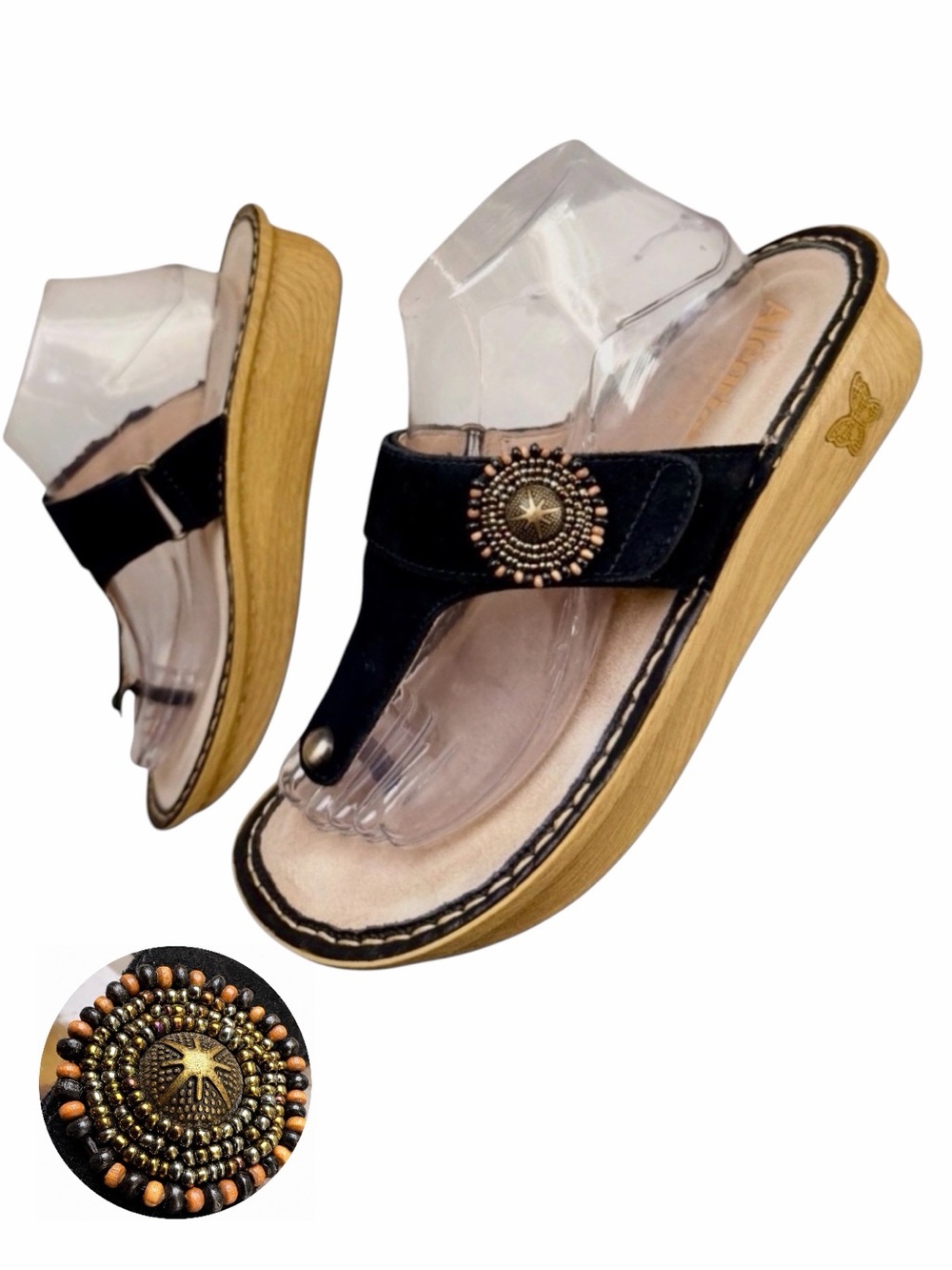 Alegria Carina Folkie Black Suede Platform Thong Sandals Size 40